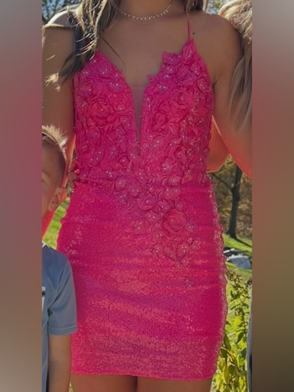 Fuchsia Floral Appliqué Homecoming Dress